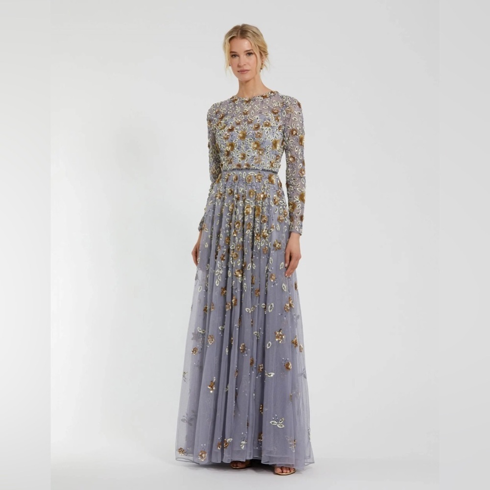 Mac Duggal 5533 NWT Platinum Embellished High Neck Long Sleeve A Line Go…